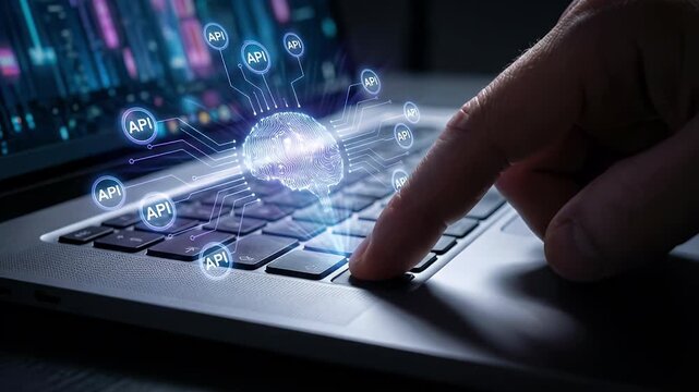 API and AI technologies. API and AI technologies interact on a laptop showcasing advanced computing.
