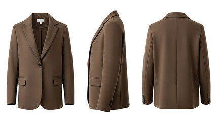 Elegant brown blazer showcased from front, side, and back views, embodying versatile fashion and timeless style for sophisticated professional apparel