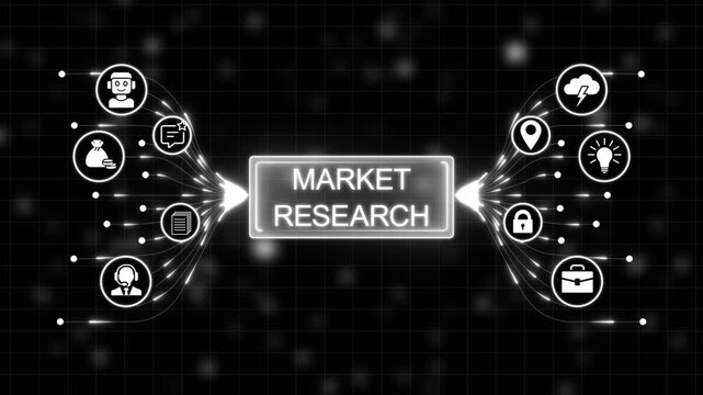 Market Research Concept with Digital Icons and Data Flow on Dark Background