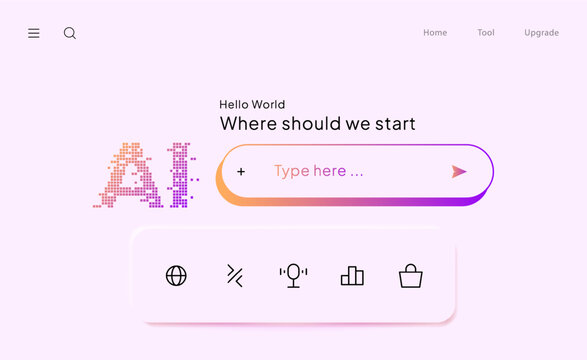 Modern AI chatbot user interface design featuring a glassmorphism style. Professional web dashboard with search input, pixelated AI logo, and minimalist navigation for smart technology assistance.