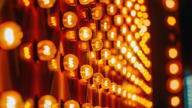 Beautiful and colorful light bulbs arranged in a grid pattern with warm orange glow, creating an enchanting atmosphere of the room.