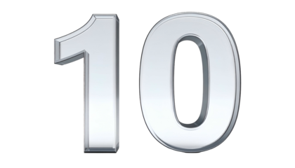 Digit rendering of the number ten, rendered in silver with light reflection and beveling. The background is black