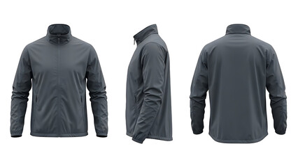 High-quality studio photography of a lightweight, wind-resistant dark grey jacket for men, ideal for outdoor adventures, sports, and casual everyday use