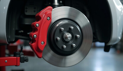 Close up of disc brake on a car in a professional automotive repair shop.
