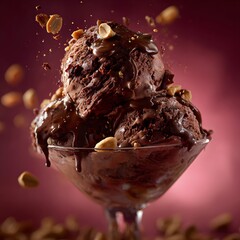 Levitating Roasted Peanuts and Splashing Molten Sauce over Triple Scoop Chocolate Ice Cream Sundae on Magenta Background