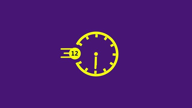 Yellow clock with fast moving hands and number 12 on purple background time speed