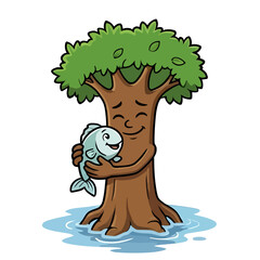 Obraz premium A smiling tree hugging a fish in the water with lush green leaves from its branches viewed from the side