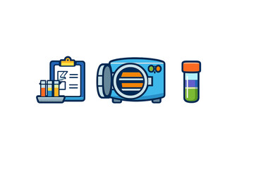 Lab equipment icons: clipboard, autoclave, test tube