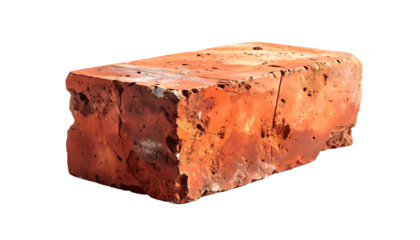 Close-up studio shot of a red-orange rectangular brick, showing a rough, weathered texture with visible pores and cracks