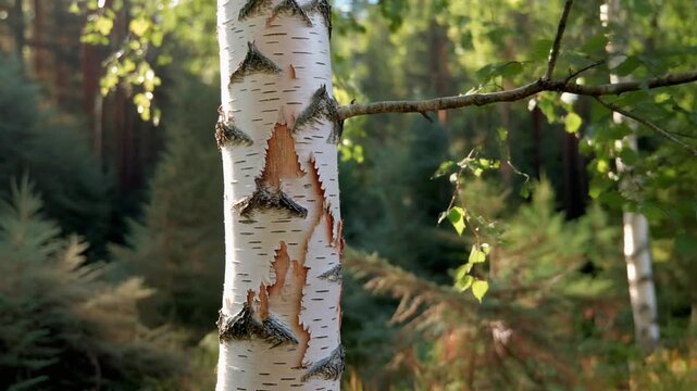 Birch Tree in a Forest: A Close-Up Look at Nature's Beauty in Sunlight
