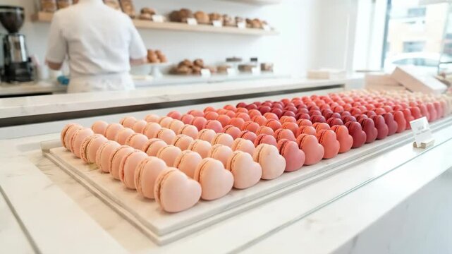 Heart shaped macarons arranged in gradient on marble bakery counter. Assorted pink and red french pastries displayed in row for valentine or romance theme