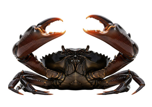 massive mud crab with dark, wet, glossy carapace raising disproportionately large, spiky reddish claws in a dramatic defensive posture against a white background, concept of marine vitality
