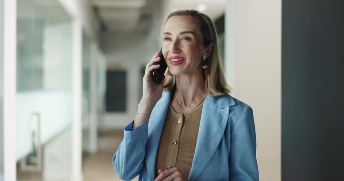 Business woman, smartphone for call and conversation with trial negotiation, happy with litigation and attorney at office. Communication, legal contact or female counsel with mobile chat at law firm