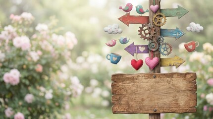 Surreal direction signpost with colorful hearts and birds in a silliness-filled garden capturing nature's whimsy soft focus photography playful atmosphere
