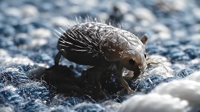 Extreme macro close-up of dust mite or bed bug crawling on blue fabric texture, hygiene and allergy concept