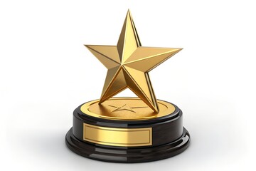Gleaming golden star award trophy resting upon a dark wooden base with a blank rectangular metallic plaque ready for personalization or engraving recognition