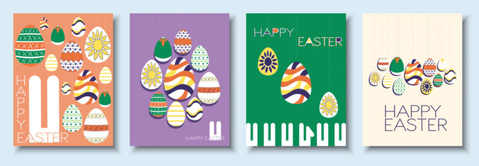 Set of flat geometric Easter greeting card, flyer design template with Bunny rabbit ears, Easter eggs,  Layout Holidays, presentation, brochure, banner,  set, background. 