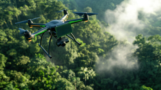 A drone flying over a dense forest canopy gathering CO2 data with a digital interface showing real-time metrics - Powered by Adobe
