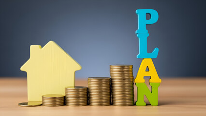 Financial planning for property acquisition involves strategic saving represented by stacked coins near a house model and the word plan.