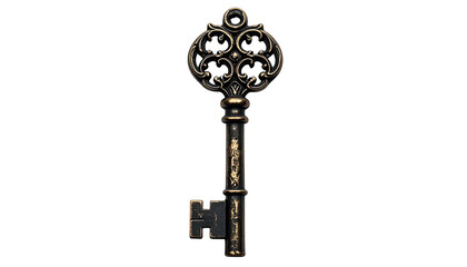 Obraz premium An ornate, antique key with intricate floral designs on its head and handle, set against a stark black background