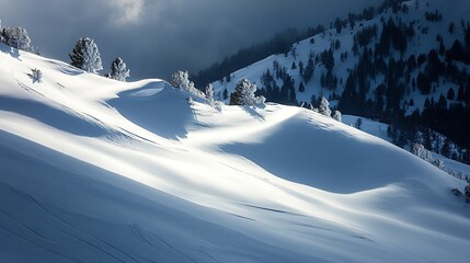 Snowy mountain landscape with soft lighting and shadows winter scenery