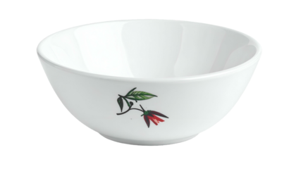 A white ceramic bowl with a floral design on its side is placed against a black backdrop, showcasing a simplistic elegance