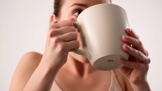 woman lifting a comically large mug, surprised by its weight. HD video