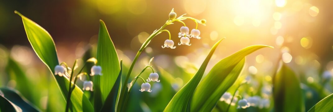 Beautiful white and fragrant lily of the valley flowers (convallaria majalis) blooming in spring garden with sun shining