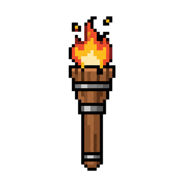 Torch item that brightens up dark places, Pixel art 8 bit objects. Retro game assets.