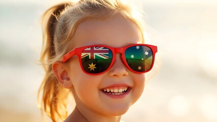 Happy young girl wearing red sunglasses reflecting the australian flag on a sunny day outdoors