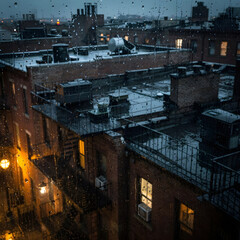 Fototapeta premium Rainy night over city rooftops and glowing windows