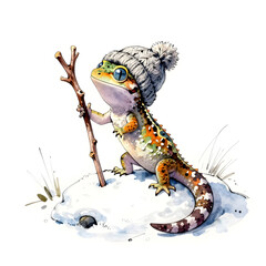 Obraz premium Gecko explores snowy adventure with cozy knit hat