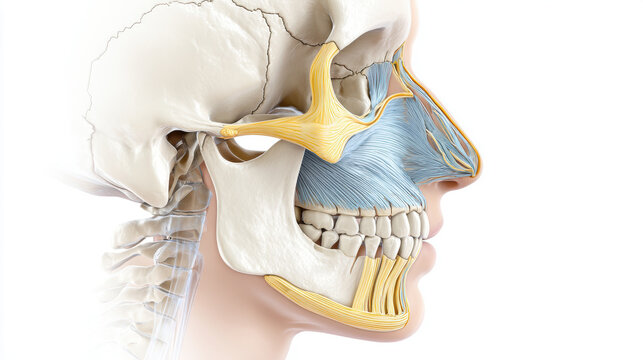 This anatomical rendering showcases the intricate structures of the human head, including the temporomandibular joint and masticatory muscles.