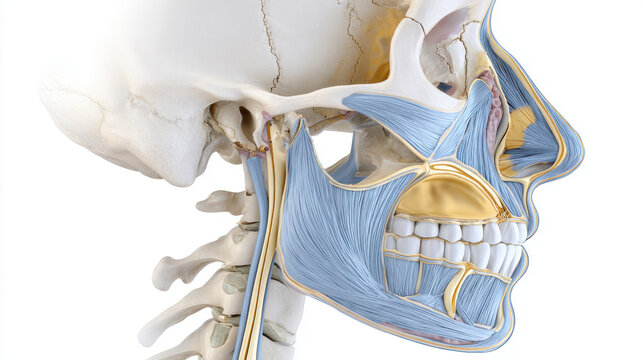 This anatomical rendering showcases the intricate structures of the human head, including the temporomandibular joint and masticatory muscles.