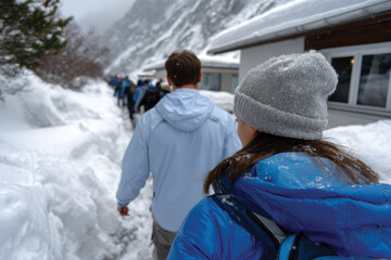 A group of hikers navigates through a snow-covered path in a breathtaking landscape, showcasing the beauty of nature and the spirit of adventure.