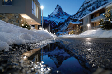 A picturesque mountain landscape reflects in a puddle at night, showcasing the serene beauty of nature illuminated by soft lights, creating a magical atmosphere.