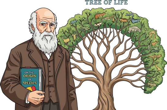 Charles Darwin holds book beside Tree of Life illustration
