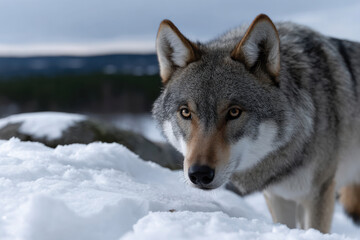 A close-up of a majestic wolf prowling through a snowy landscape, highlighting its striking features and the pristine winter environment surrounding it.