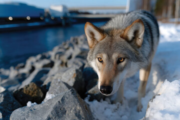 A captivating wolf exploring near a frozen waterway, emphasizing the contrast of its fur against the backdrop of ice and rocks, creating a vivid winter scene.