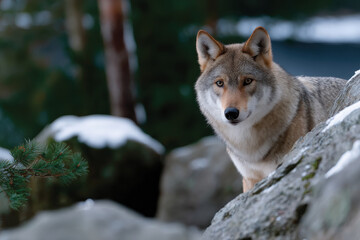 An elegant wolf posing majestically among rocky terrain, beautifully capturing the wild essence of nature and the animal's striking presence in its environment.