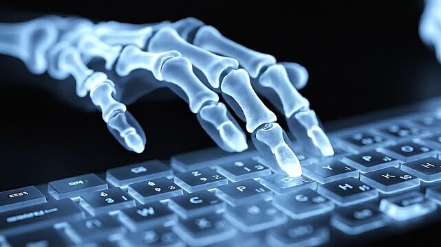 X-ray skeletal hand typing on illuminated computer keyboard, concept of burnout, cyber security or anatomy