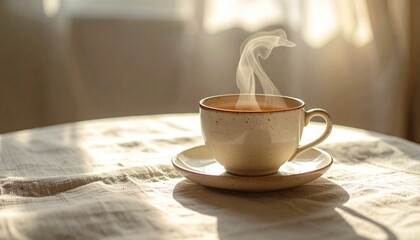 Ceramic teacup on a table covered with linen