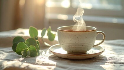 Ceramic teacup on a table covered with linen
