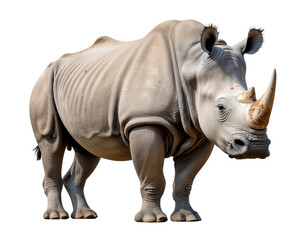 Obraz premium Rhino with rugged textured gray skin and prominent ivory horn standing on sturdy legs