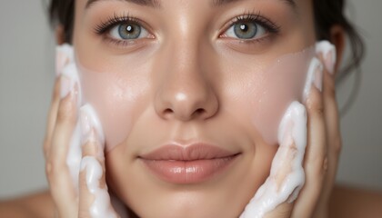 A close-up shot of a woman's washing her face with foam cleanser