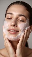A close-up shot of a woman's washing her face with foam cleanser