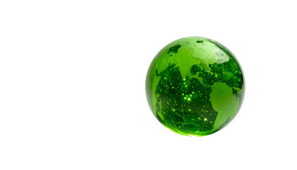 A vibrant, glowing green sphere, depicting continents. Tiny illuminated dots form networks over the surfaces. Black background, highlighting the sphere