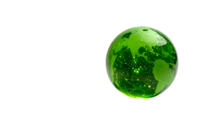 A vibrant, glowing green sphere, depicting continents. Tiny illuminated dots form networks over the surfaces. Black background, highlighting the sphere