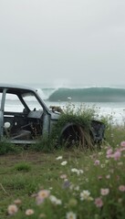 An old rusted car is parked in a field of flowers near the ocean.