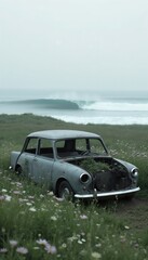 An old rusted car is parked in a field of flowers near the ocean.